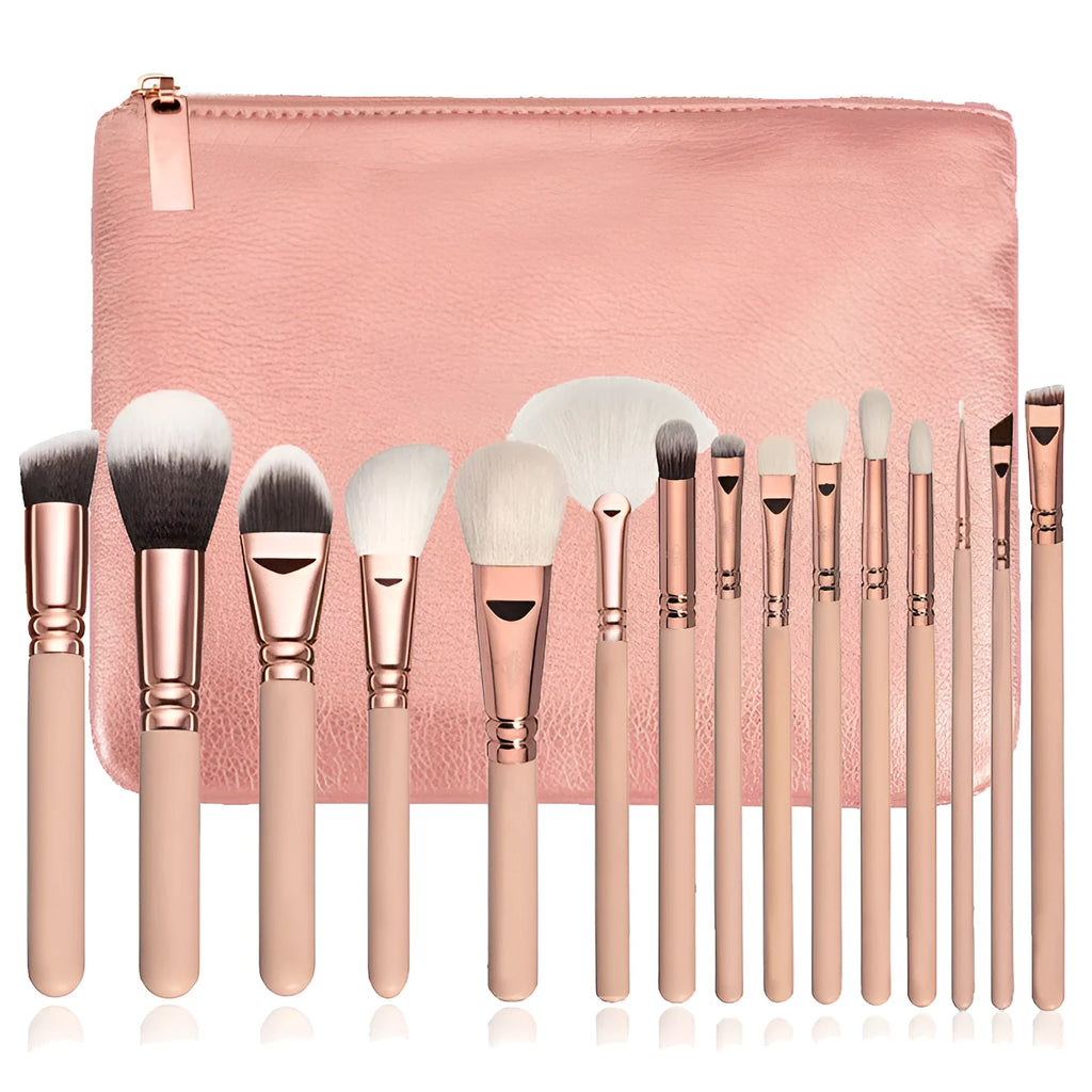 15-piece rose gold makeup brush set with bag, synthetic hair and wood handles on pink background