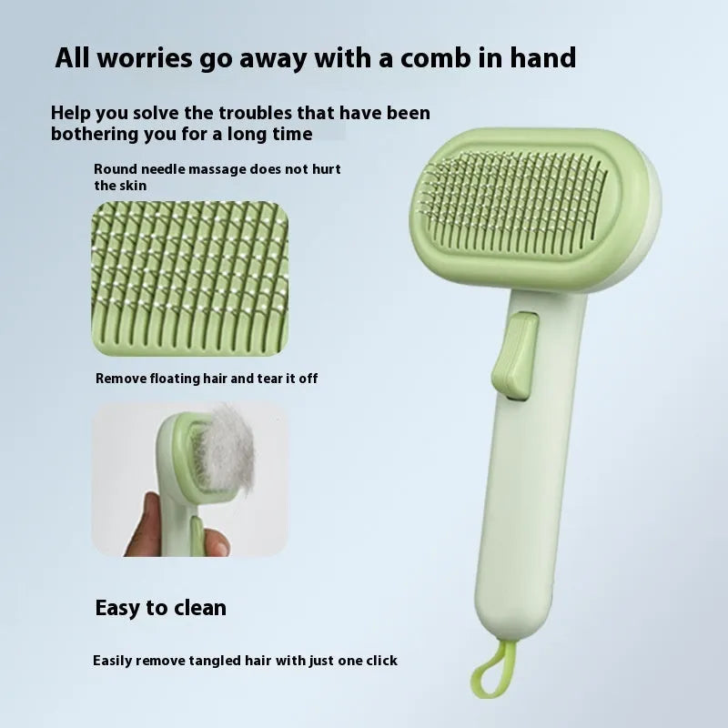 Large pet grooming comb with one-click float detangler in light green, pink, or light grey for cat and dog hair removal