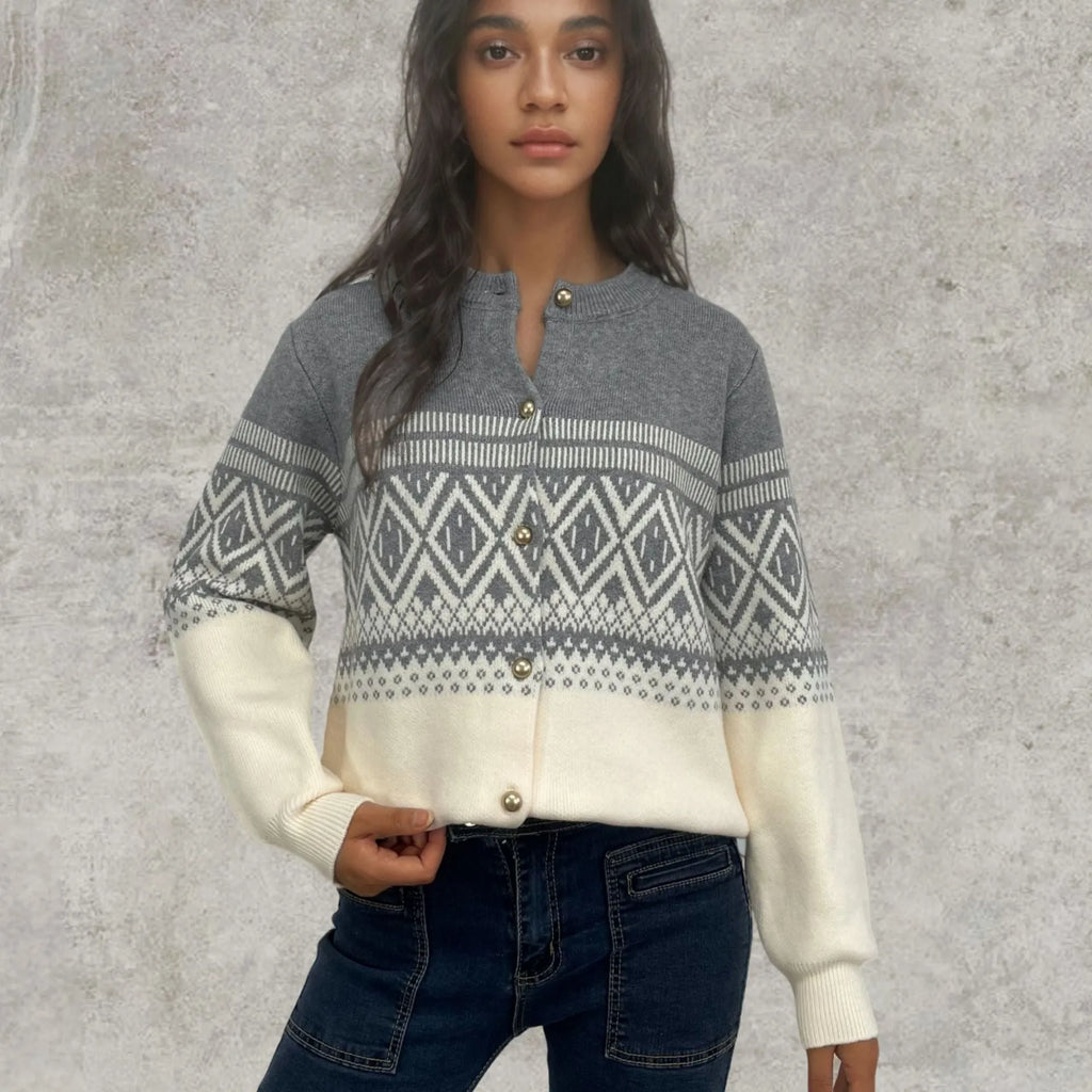 Women's alpaca wool cardigan with contrast colour sleeves and diamond knit pattern