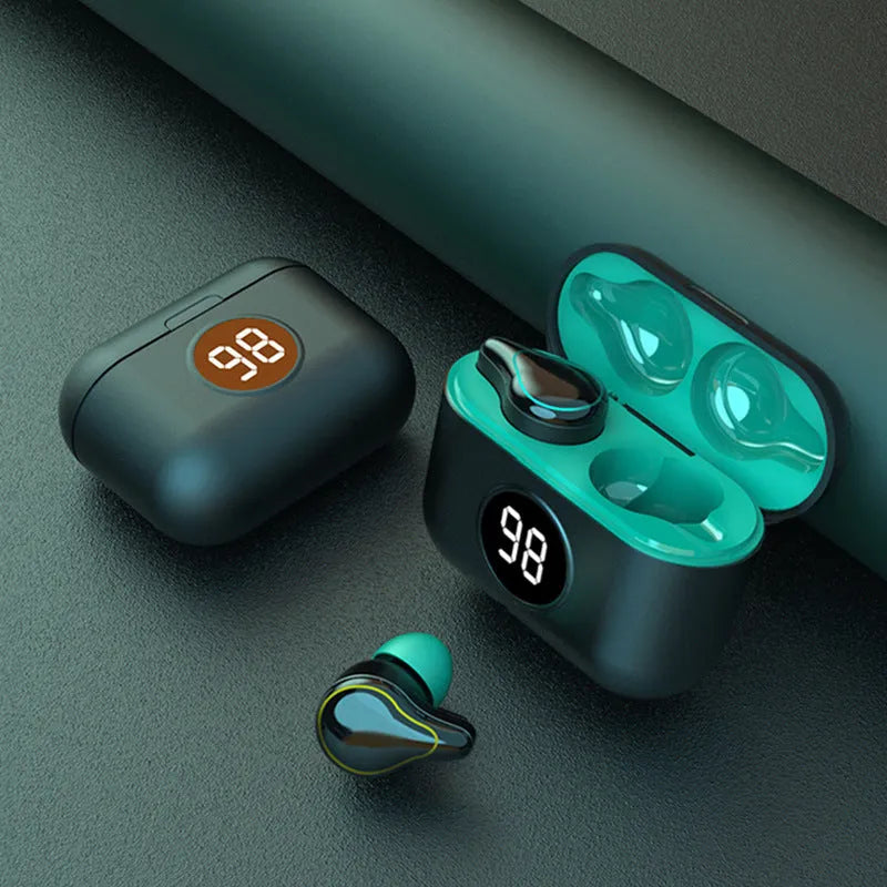 Black and blue wireless Bluetooth in-ear headset with earplug design for hands-free calling