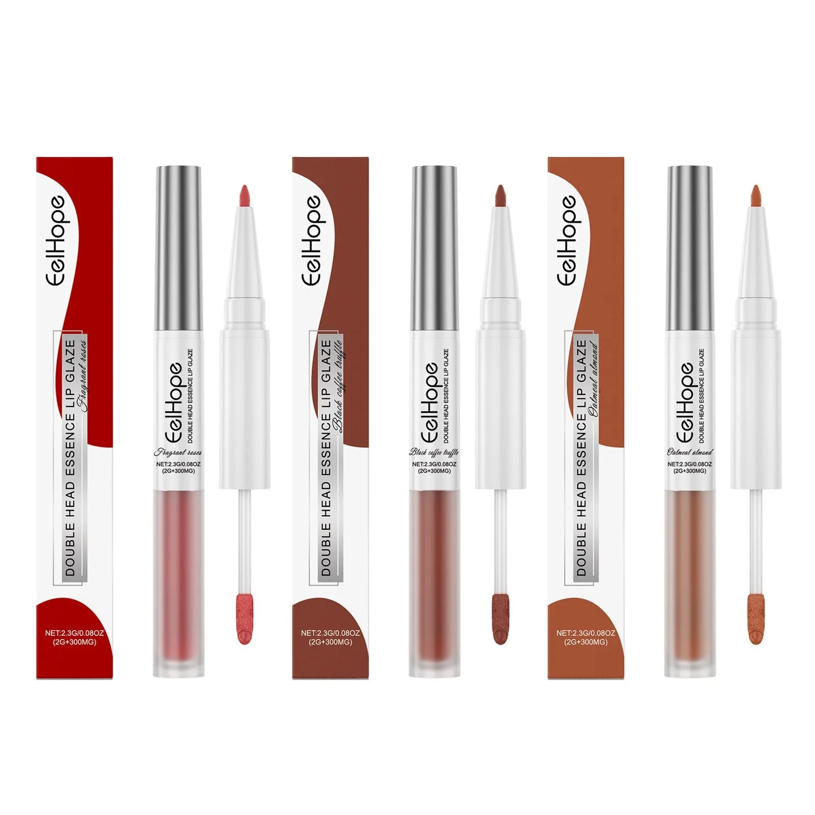 Double-headed lip liner and lip lacquer pen for makeup application in three colour shades.