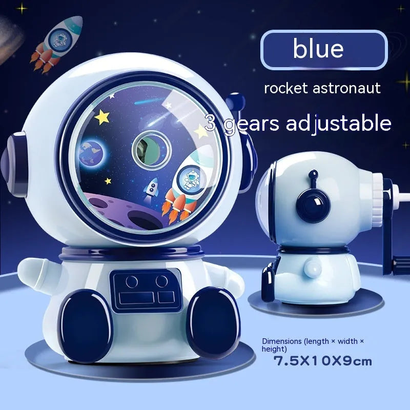 Cartoon astronaut themed manual pencil sharpener with adjustable settings and anti-jam mechanism