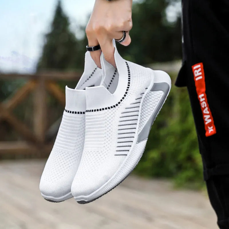 Men's mesh sneakers with striped design, flyknit upper, and plastic sole in various colour options