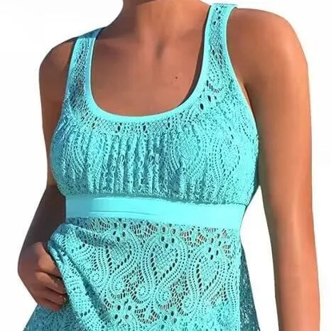 Women's solid colour conservative two-piece nylon swimwear set for swimming sports.