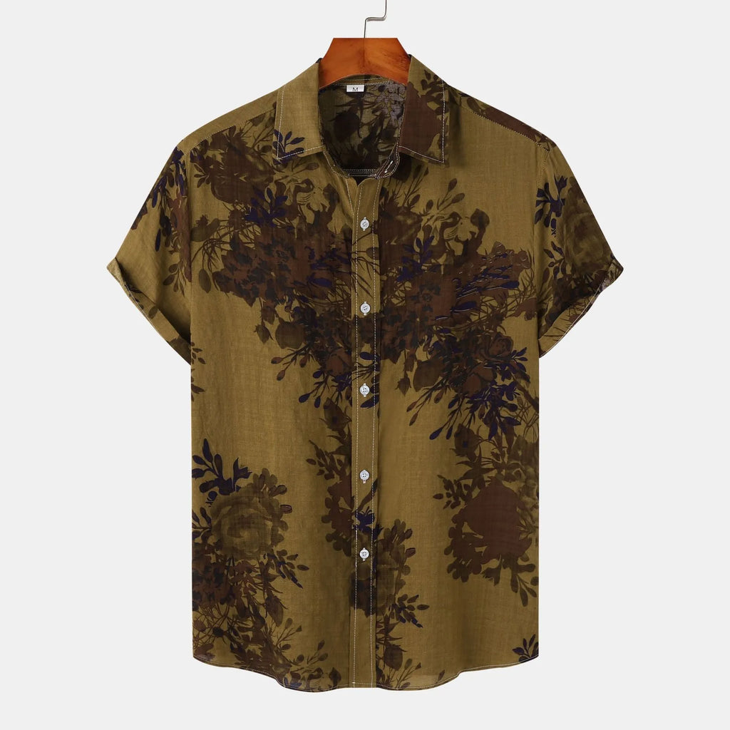 Men's floral lapel shirt in cotton, shown in grey, khaki, yellow and burgundy, sizes M to 3XL