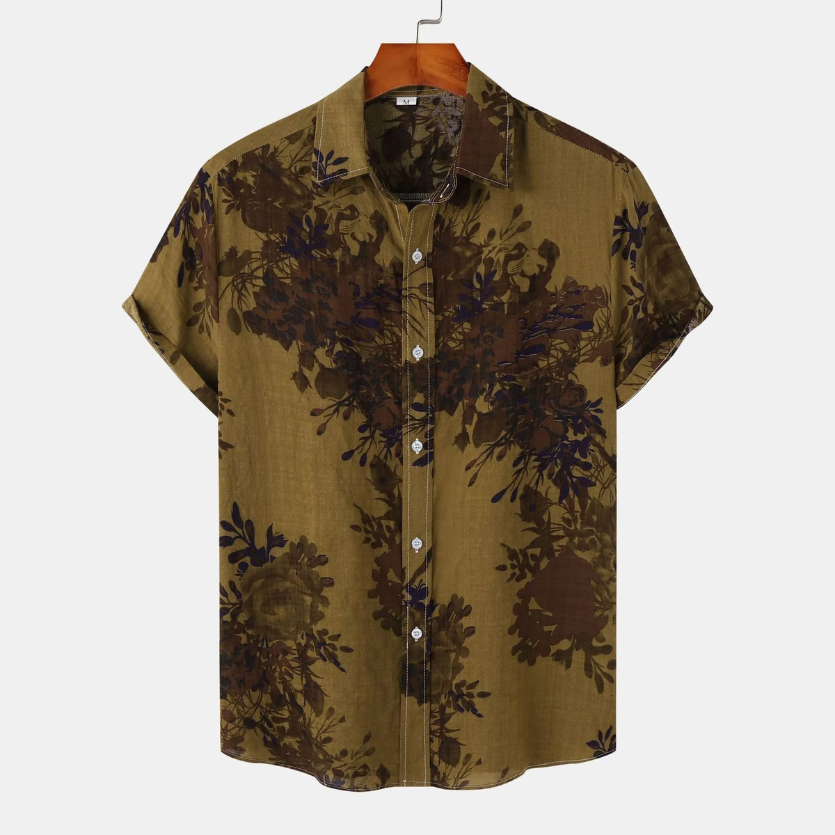 Men's floral lapel shirt in cotton, shown in grey, khaki, yellow and burgundy, sizes M to 3XL