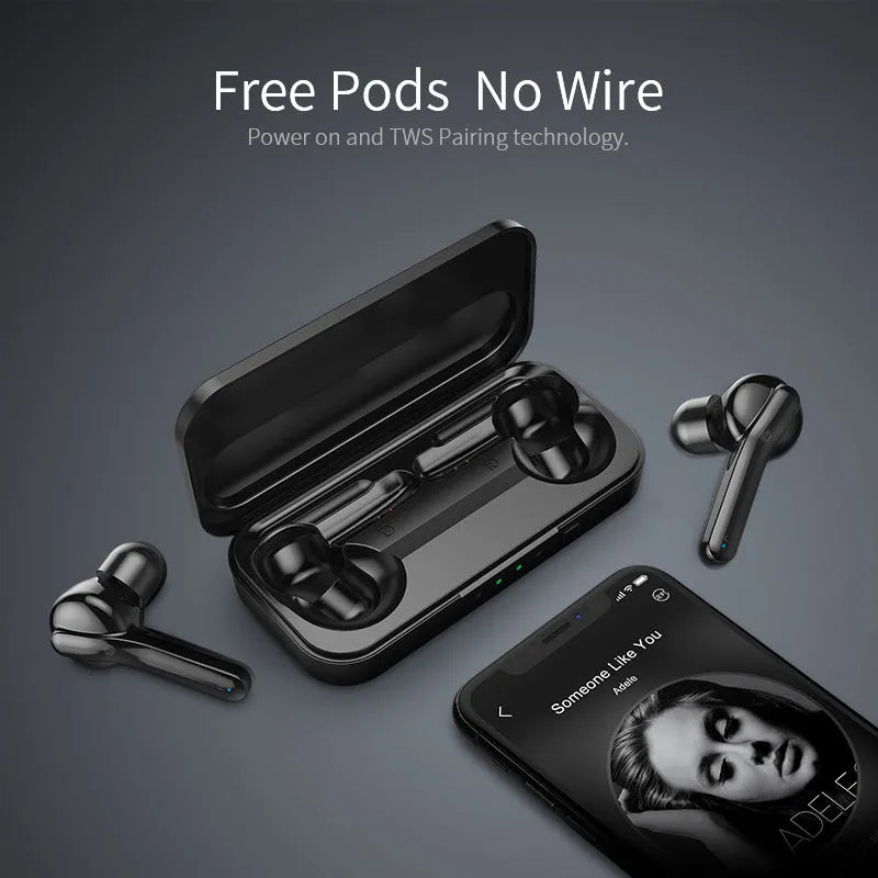 Black and white TWS wireless earbuds with Bluetooth 5.0 connectivity