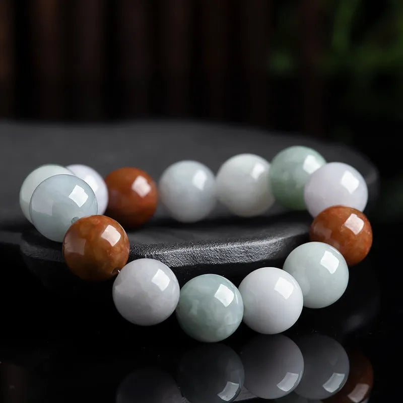 Women's natural Myanmar jade bracelet with three colours in 13mm round beads.