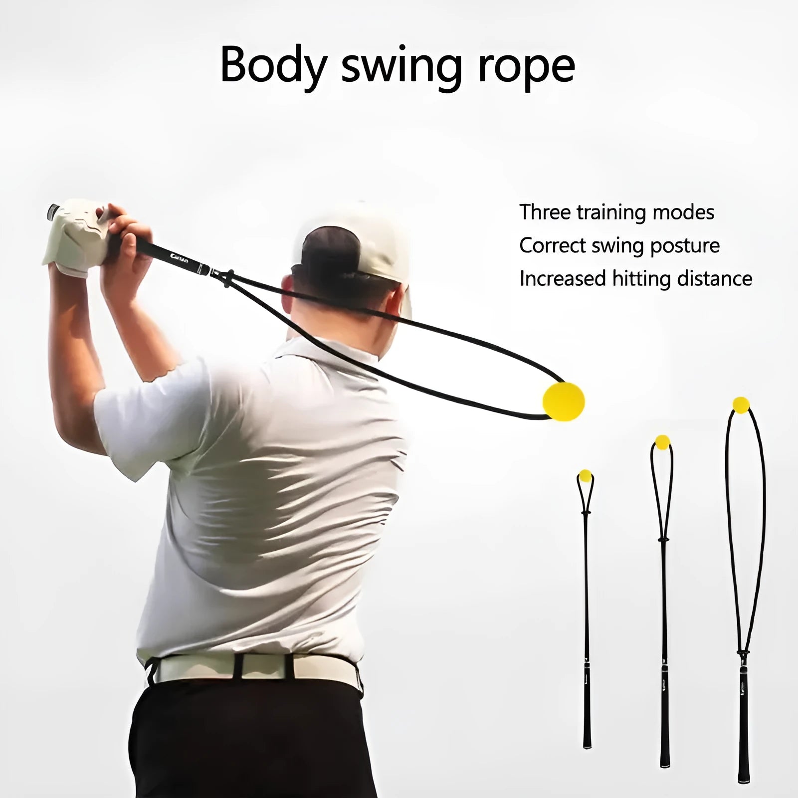 Black golf swing practice rope trainer with silicone elastic string extended for training