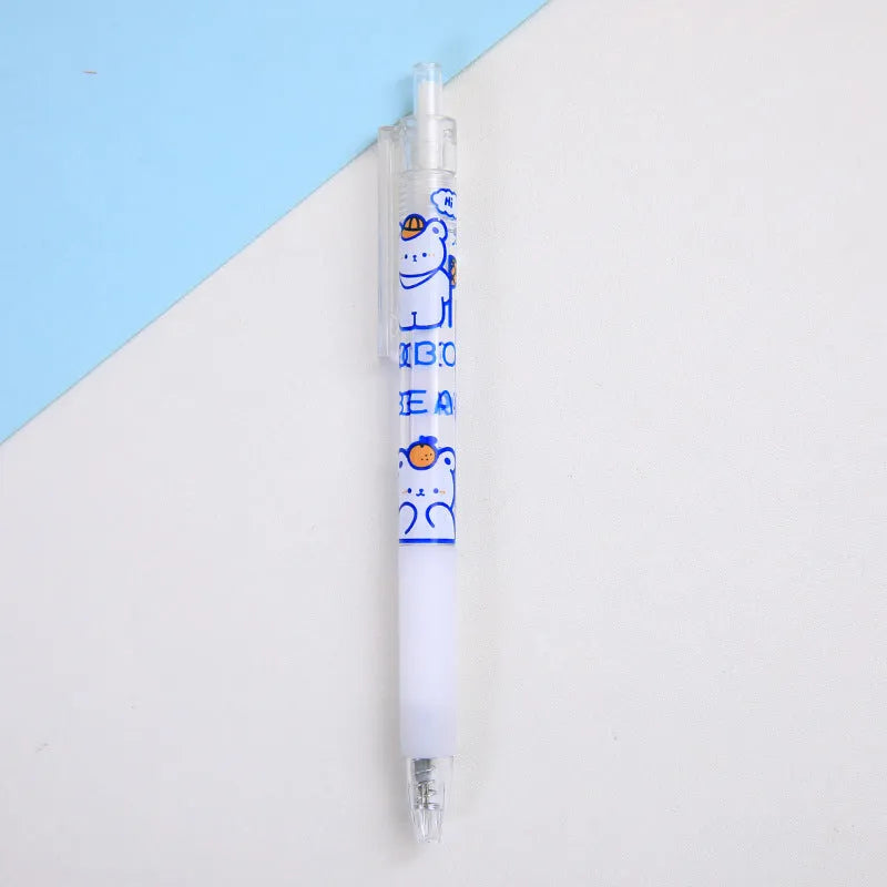 Set of six colourful bear and bunny character press pen knives on a white background.