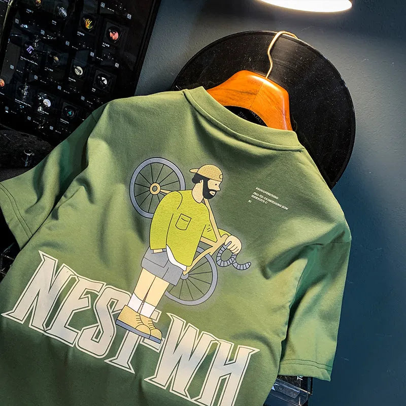 Green men's loose fit t-shirt with literary youth printed design and short sleeves