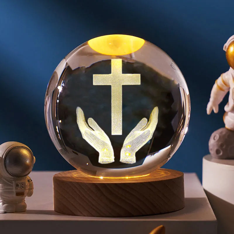 White crystal ball desk ornament with solid wood warm light base showing purity designs