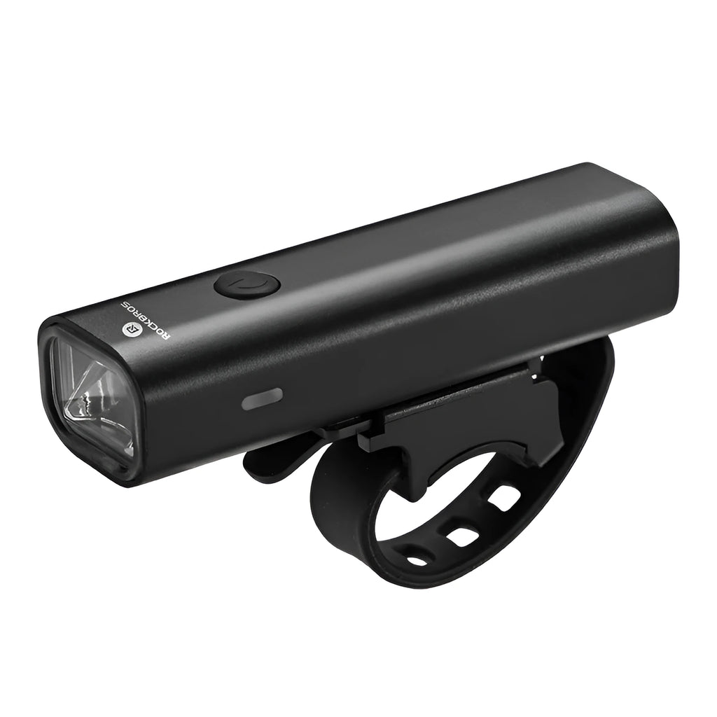 ROCKBROS black aluminium alloy bicycle headlight with 400 lumens USB rechargeable, 103x23x30mm