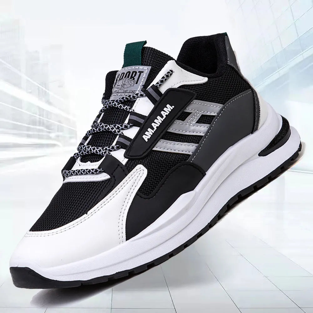 Men's sports sneakers in light grey or black with PU and mesh upper, front tie fastening, plastic sole, sizes 39-44