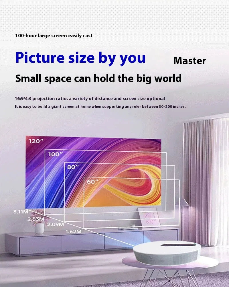 White HD home projector with remote control for bedroom cinema viewing