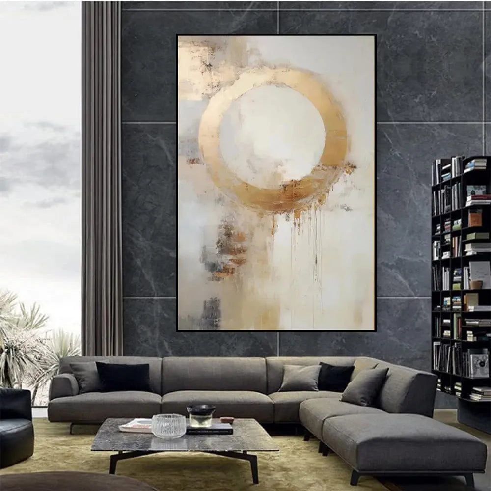 Handmade abstract golden circle oil painting on rolled frameless unstretched canvas for wall art