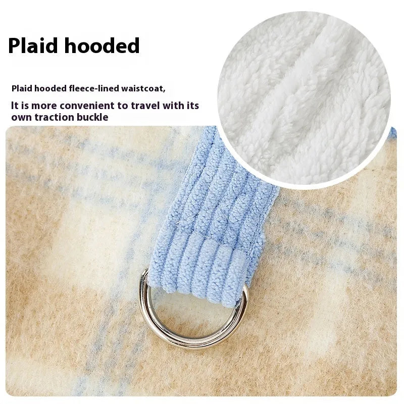 Blue corduroy dog vest with chessboard grid pattern and adjustable hood for winter wear
