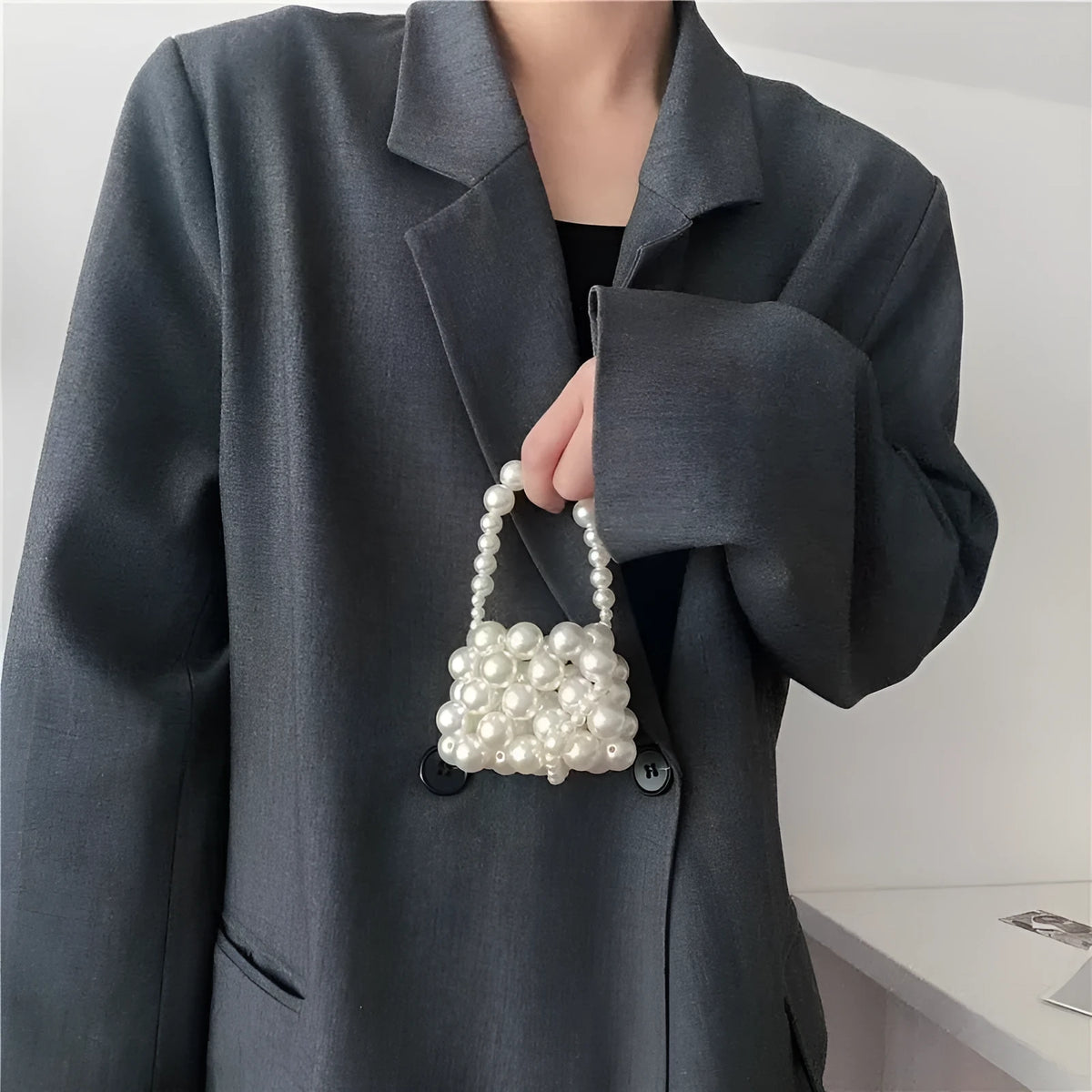 Imitation pearl geometric pattern mini crossbody handbag for women in various floral and heart styles.
