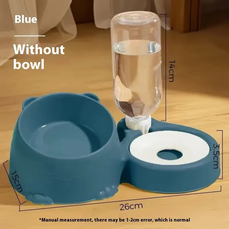 Double bowl automatic pet drinking basin with stainless steel bowls in plastic frame for cats