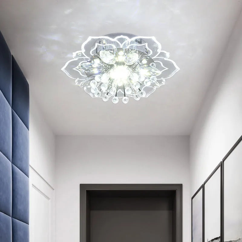 Modern minimalist crystal and acrylic ceiling lamp with stainless steel frame and flower-shaped shade design