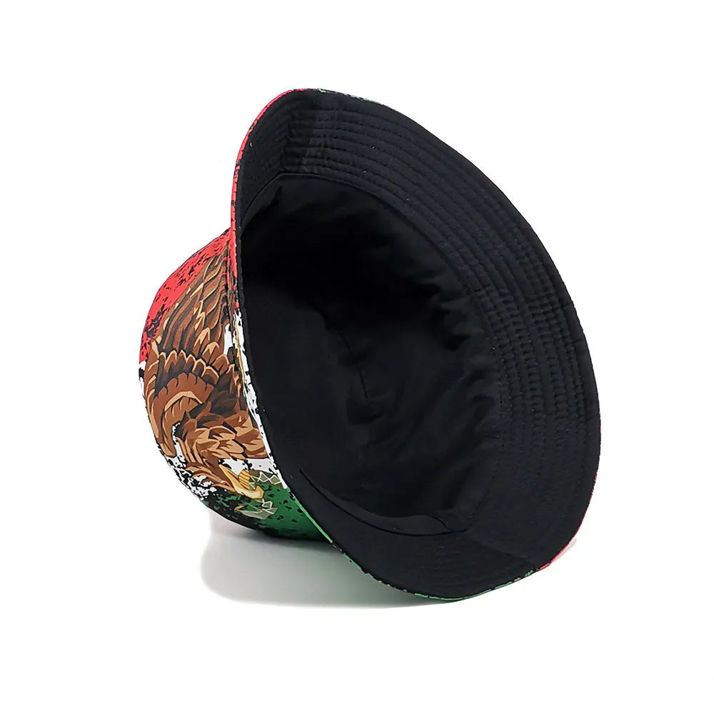 Eagle pattern polyester bucket hat with dome crown in retro style, size M fits 56-58cm
