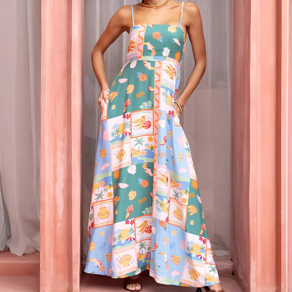 Green printed flared strap long sleeveless polyester dress for women