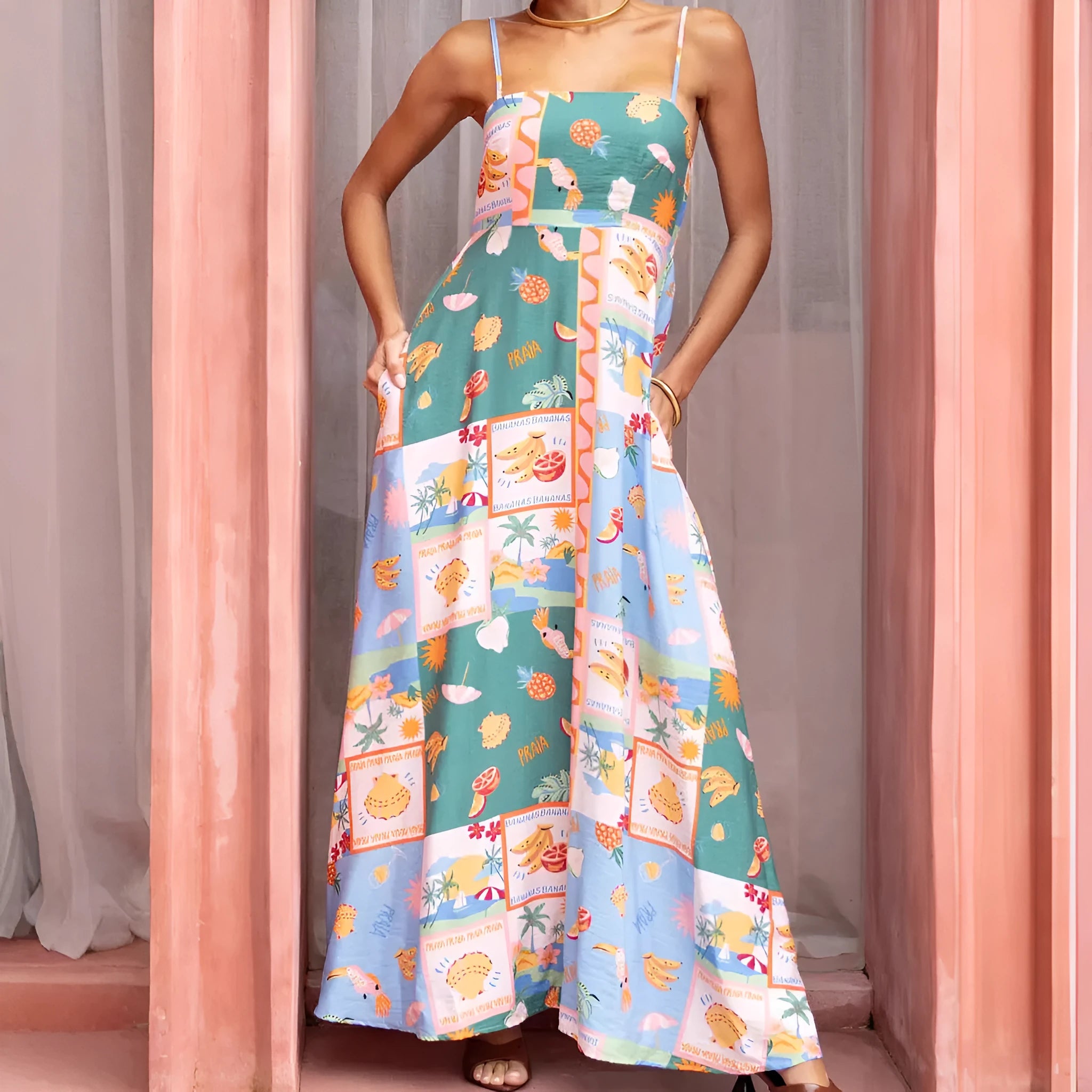 Green printed flared strap long sleeveless polyester dress for women
