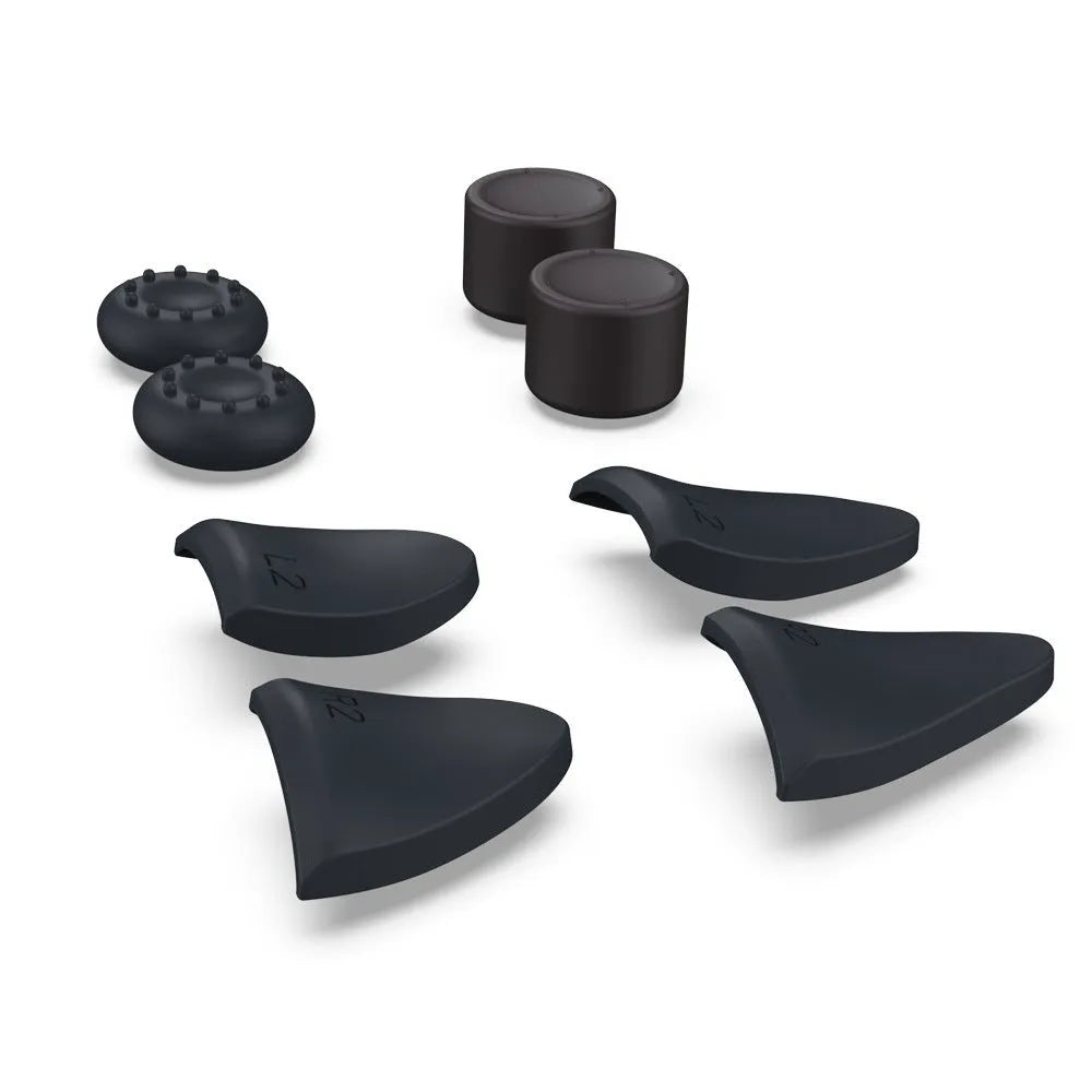 Black silicone PS5 controller button cap set with 4 thumb grip caps and 4 trigger extenders