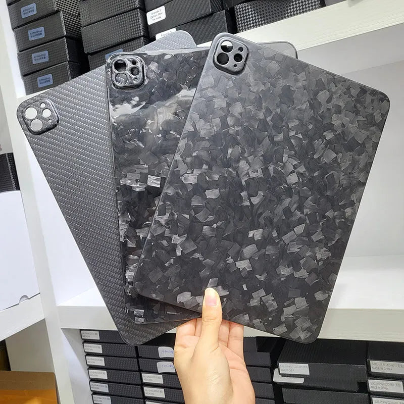 Apple iPad Pro 11 carbon fibre hard case with three finish options showing heat dissipation and drop protection