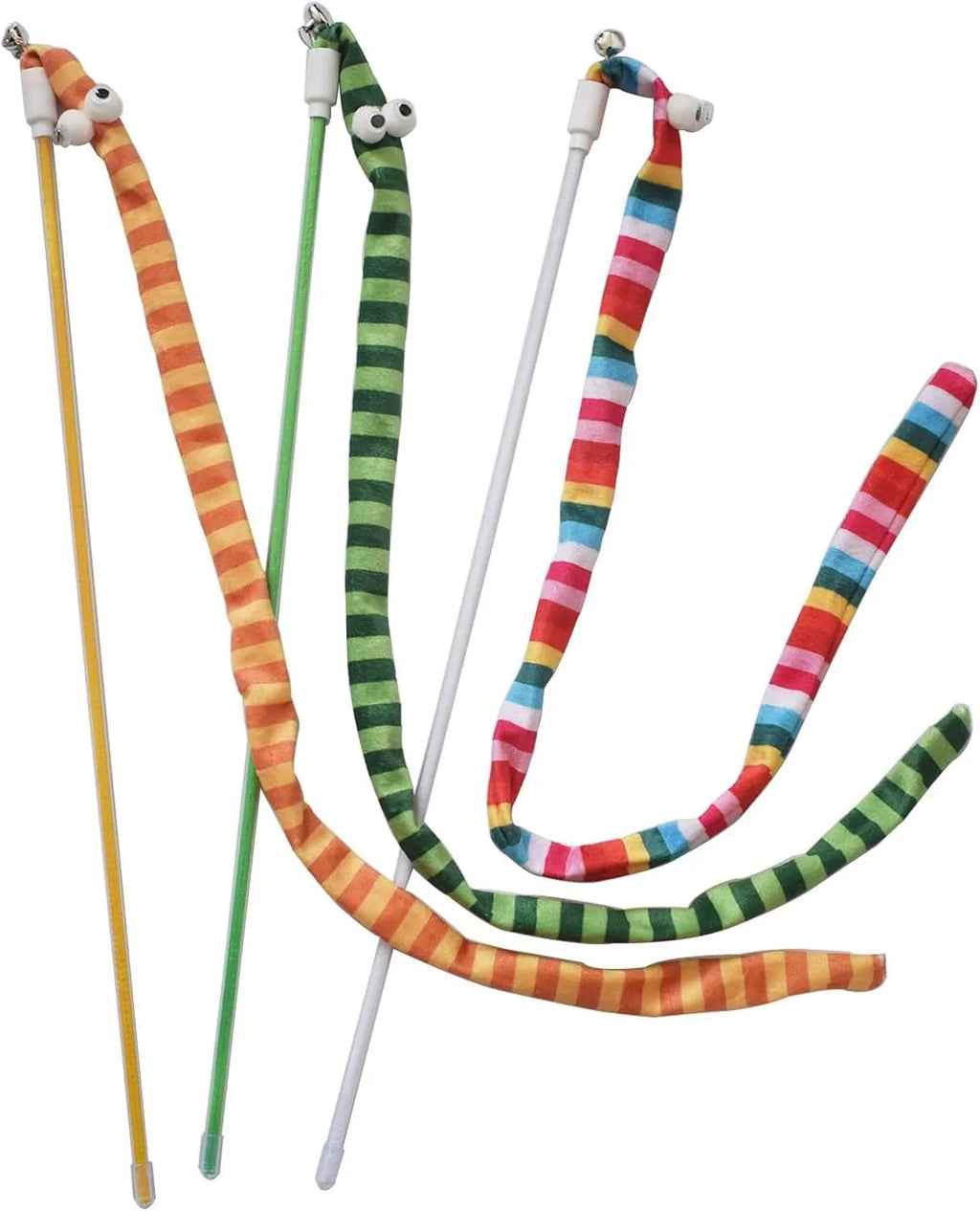 Cat wand toy with long plush strip teaser in green, orange, or rainbow colours.