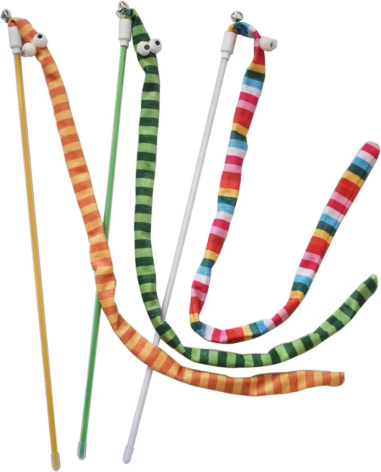 Cat wand toy with long plush strip teaser in green, orange, or rainbow colours.