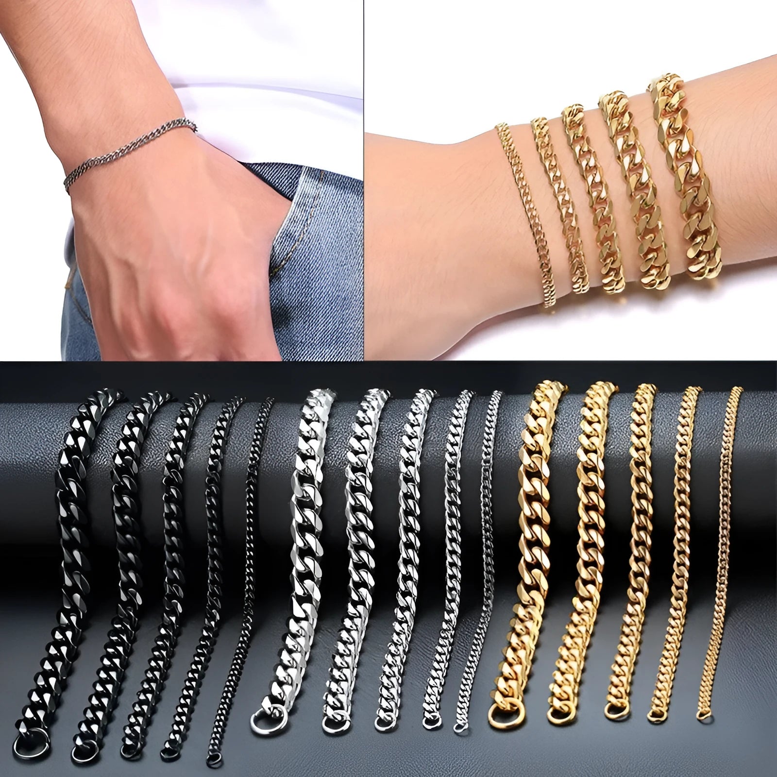 Six-sided Cuban link metal bracelet in gold, black, and steel colour finishes on a wrist.