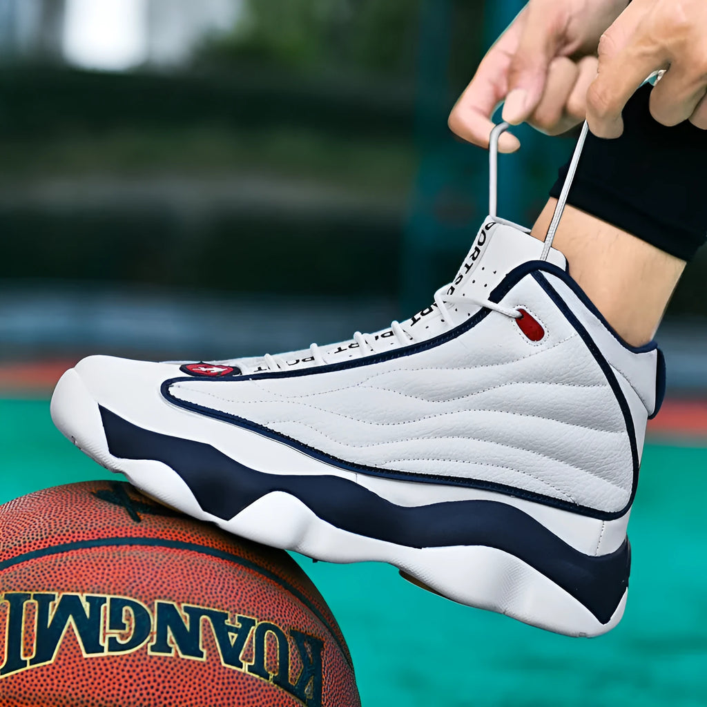 High-top basketball shoes with mesh upper and thick rubber sole in AJ13 colour options