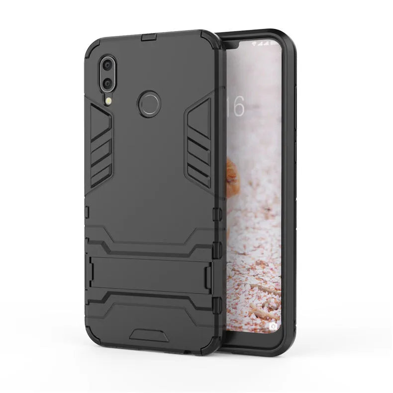 2-in-1 bracket phone case for Huawei P20 series in pure black, blue black, or red, made from TPU PC