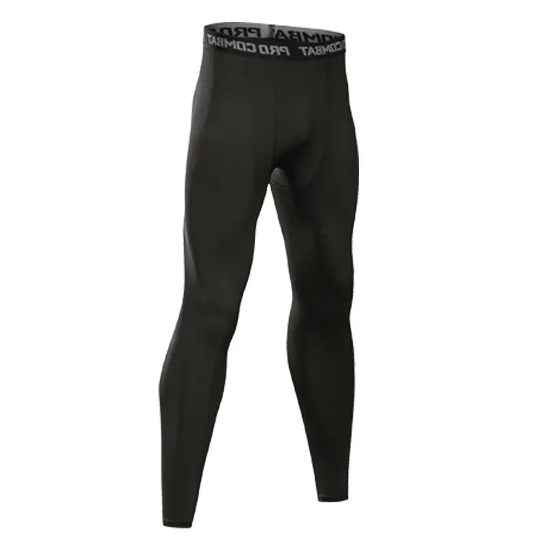 Men's polyester compression leggings in black or grey, slim fit quick dry sports tights for gym and running