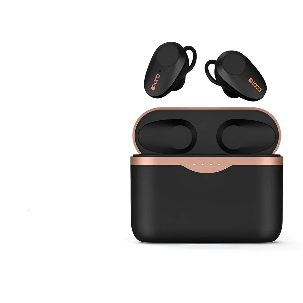 Black wireless Bluetooth headset with charging case showing ANC noise cancellation and dual charging options