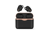 Black wireless Bluetooth headset with charging case showing ANC noise cancellation and dual charging options
