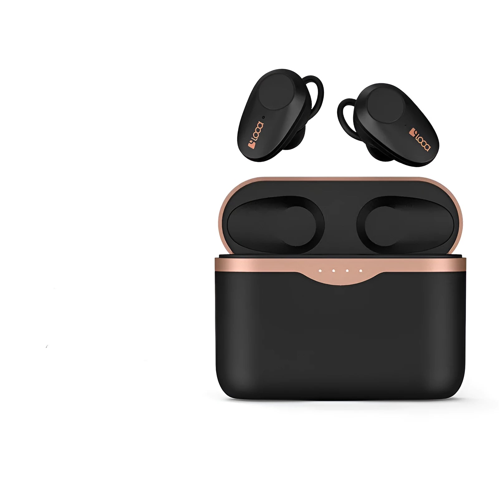 Black wireless Bluetooth headset with charging case showing ANC noise cancellation and dual charging options