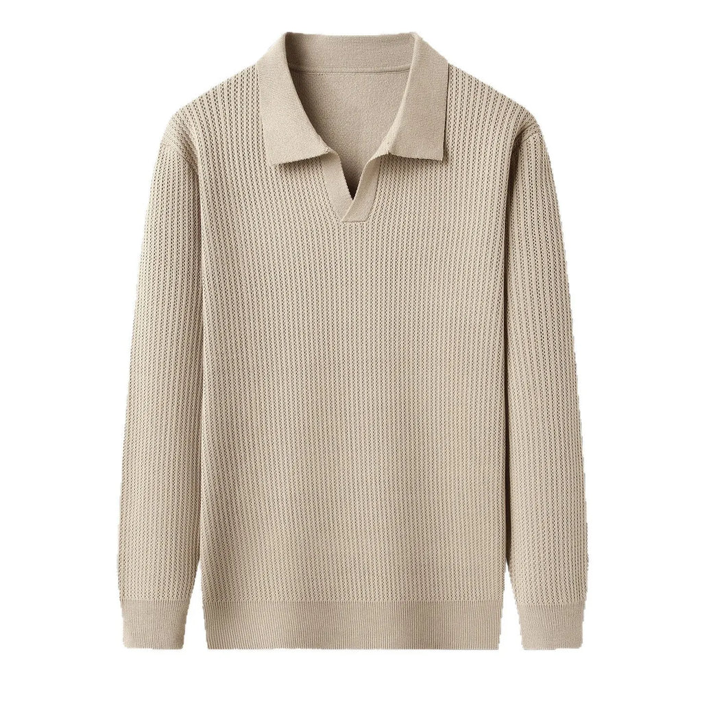 Men's loose-fitting casual pullover sweater in autumn colours on a hanger
