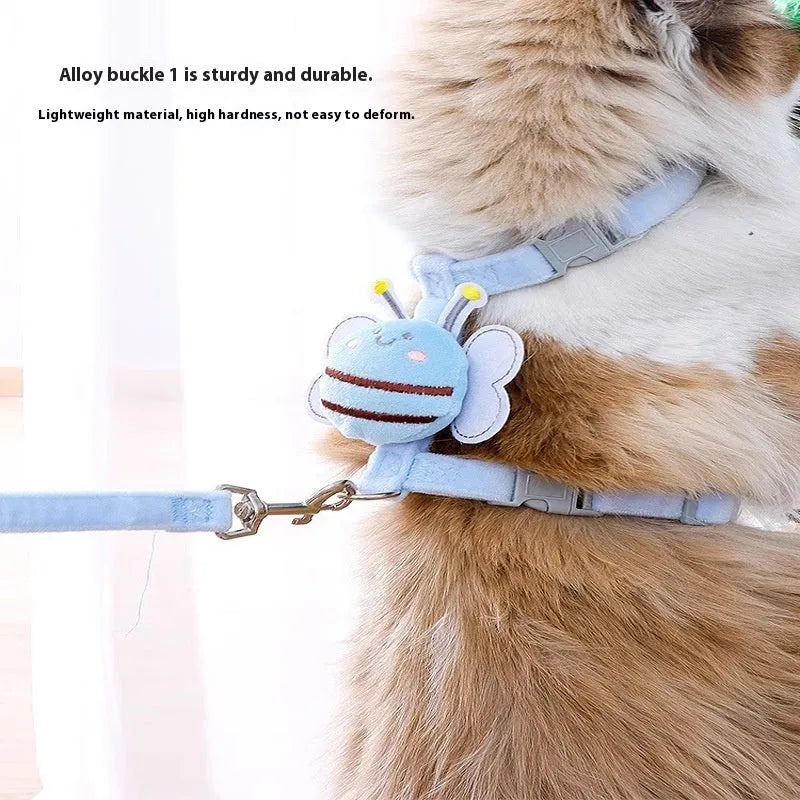 Bee-shaped pink cat harness and matching rope lead on a white background