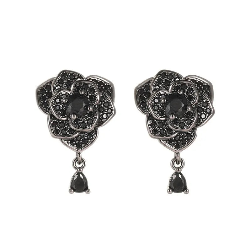 Black rose zircon stud earrings with flower shape and gold electroplated finish