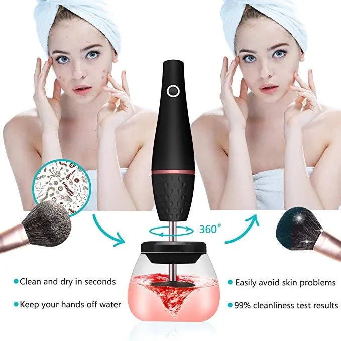 Black electric makeup brush cleaner with ABS body and charging power source.