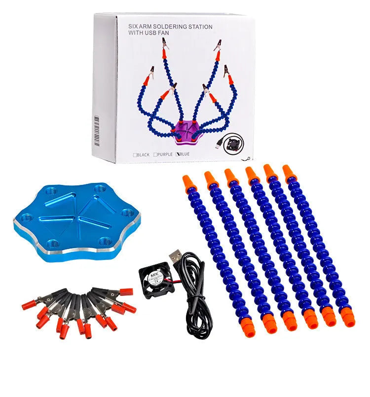 Aluminium six-claw welding station with black base and multiple adjustable arms for model repair.