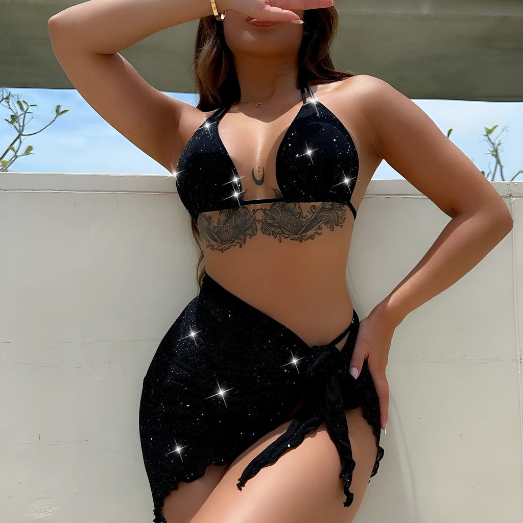 Black three piece bikini set with high waist shorts and top made of polyester fiber