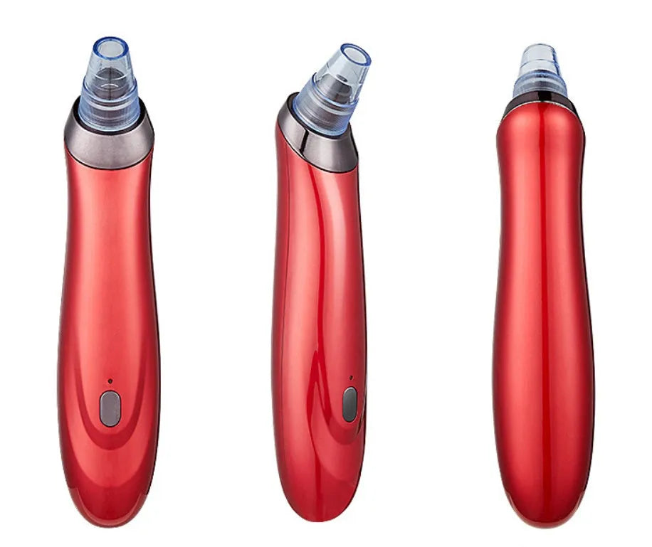 Handheld electric blackhead remover device in black with multiple nozzle attachments.