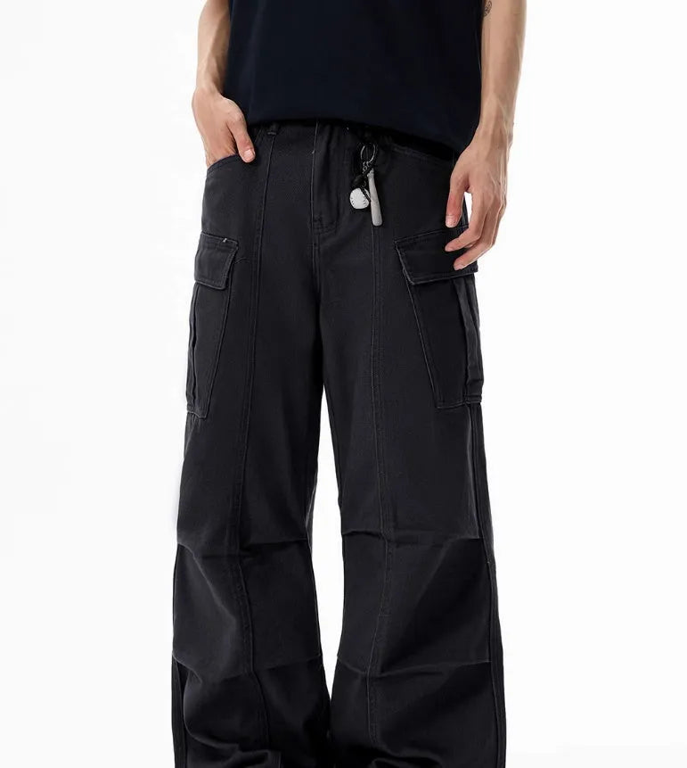 Men's wide-leg overalls in 100% cotton, loose straight mid waist multi-pocket design with zip fly, Black Blue Khaki
