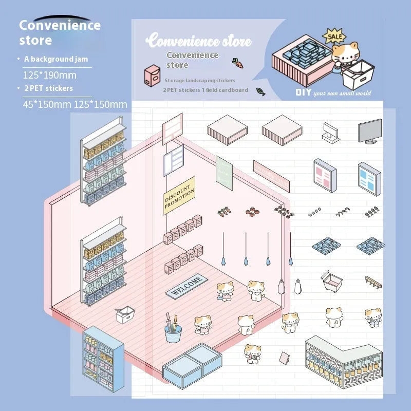 Capabala cartoon landscape 3D sticker sheet showing pre-cut self-adhesive shop scenes.