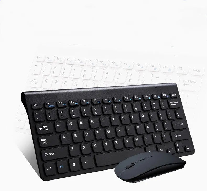 Black and white wireless keyboard and mouse set showing 78 keys and 4 mouse buttons