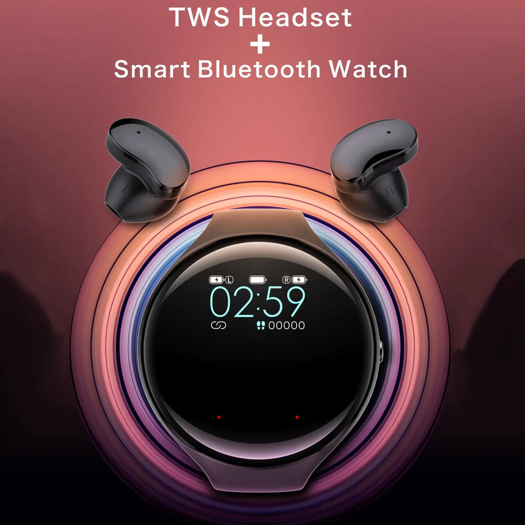 Black smart fitness bracelet with detachable TWS Bluetooth earbuds on a wrist, showing a colour screen display.