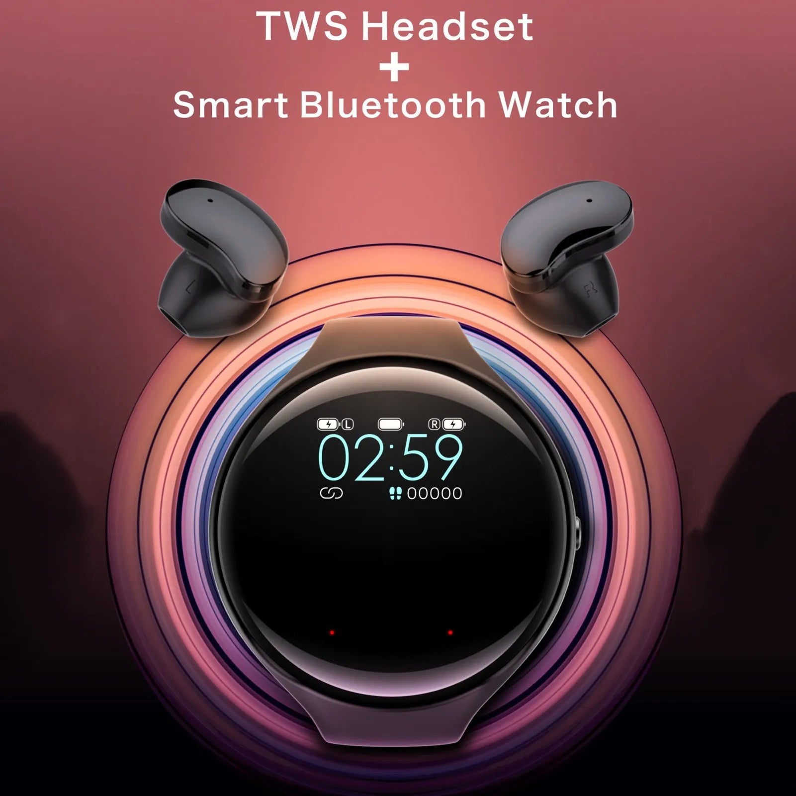 Black smart fitness bracelet with detachable TWS Bluetooth earbuds on a wrist, showing a colour screen display.